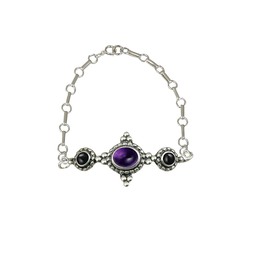 Sterling Silver Gemstone Adjustable Chain Bracelet With Amethyst And Black Onyx